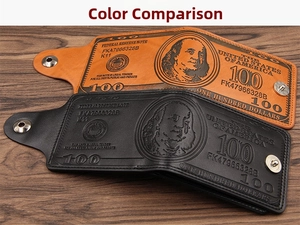 Close-up of brown and black 100 dollar bill pattern wallets on dark wood desk