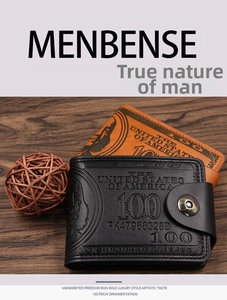 Detail of vintage 100 dollar pattern embossed on men's leather wallets with metal buckle