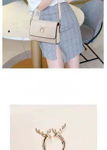 Detail of beige lychee leather bag featuring a gold stag horn hardware buckle and strap
