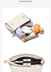 Detailed view of the multi-compartment interior and capacity of this beige crossbody bag