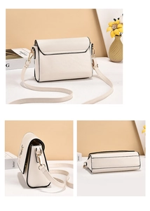 Detailed close-up showing beige faux leather texture and golden hardware of the crossbody bag