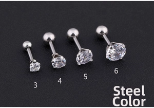 Macro shot of steel color cubic zirconia stud set in 3mm to 6mm sizes with screw backs