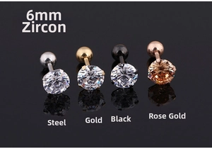 Detail of 6mm zircon stud earrings in steel, gold, black and rose gold finishes