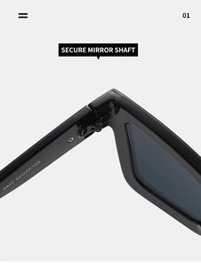 Detail of the secure metal mirror shaft and size specifications on cat eye sunglasses