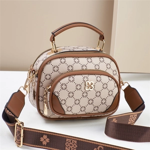 Women's chic crossbody phone bag in cream and dark brown with floral print and wide strap