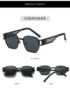 Detailed view of black metal punk sunglasses featuring hollowed-out stripe temples and UV lenses