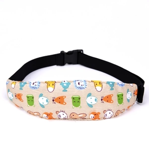 Close-up of baby car seat head support strap with cute cartoon animal patterns