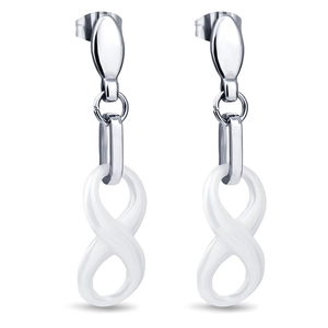 Silver stainless steel stud earrings with white twisted ceramic hoop pendants on white background