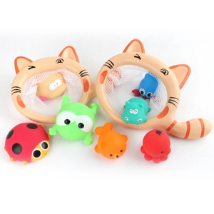 Colorful 8-piece baby bath toy set featuring two cat-shaped nets and floating soft animal toys