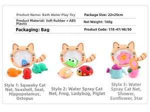 Detail view of baby bath toy set featuring a cat net and animal water sprayers