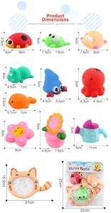 Size chart showing 12 bath toy pieces including cat net and animals with dimensions in cm