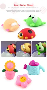 Detailed view of colorful squeaky bath toys showing water spraying and squeezing functions