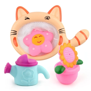 Kids bath toy set with orange cat net, pink flower, mini watering can, and sun flower toy