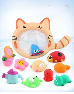 Close-up of cat-shaped net and 10 soft animal toys for toddler bath and water play