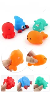 Detail of colorful marine animal bath toys featuring squeeze squeakers for fun play