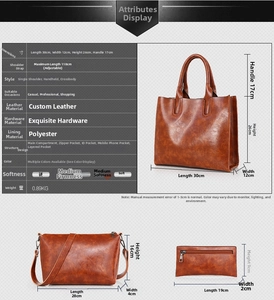 Three-piece set of brown vintage oil wax leather tote, shoulder bag, and small clutch wallet