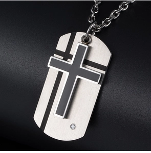 Men's double-layered cross pendant necklace with silver military tag and black cross