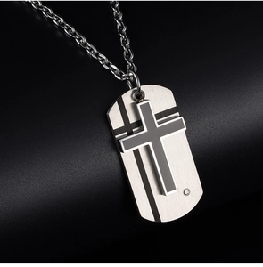 Silver and black double layer cross pendant necklace for men with metallic chain link