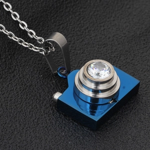 Blue camera pendant necklace in stainless steel with crystal lens and metal chain