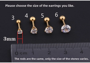 Detailed size comparison of 3mm to 6mm gold titanium steel stud earrings with zircons