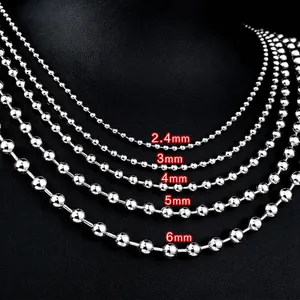 Polished silver titanium steel ball chains in 2.4mm to 6mm bead sizes on black background