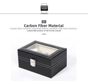 Detail of black carbon fiber watch box with white stitching and transparent window lid