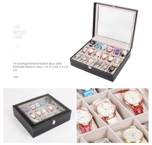 18-slot black pinhole leather watch display box with glass top and silver lock 33.5cm