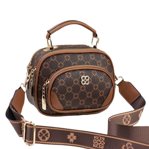 Brown vintage floral crossbody bag for women with top handle and adjustable wide strap
