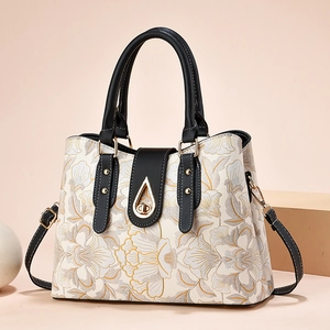 Borsa Da Donna Con Ricamo Floreale Grande Capacità Pelle PU Colore A Contrasto Borsa A Tracolla Elegante Chic Ufficio Quotidiano