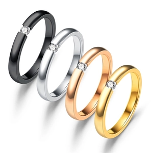 Minimalist Stainless Steel Rhinestone Ring For Men Women Fashion Geometric Electroplated Single Stone Couple Band Jewelry Gift