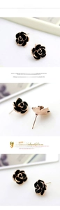 Detailed macro shots of black enamel rose earrings with elegant rose gold plating