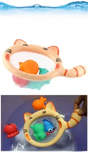 Baby bath toy set featuring a cute orange cat net and colorful soft floating animals