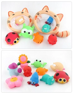 Baby bath toy set with colorful animal water squirts and cat-shaped fishing nets