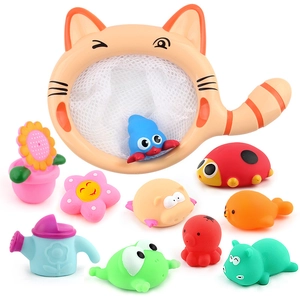 Baby Bath Toys Cat Shape Fishing Net Floating Squeaky Squirt Rubber Animals Toddler Bathtub Swimming Pool Fun