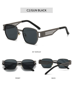 Detailed views of gun black metal sunglasses with industrial hollow temples and UV protection