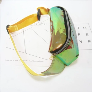 Green holographic laser waist bag with vibrant yellow strap for outdoor sports