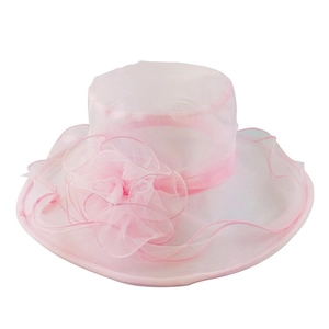 Detailed top view of a pink organza dress hat featuring a large decorative floral applique
