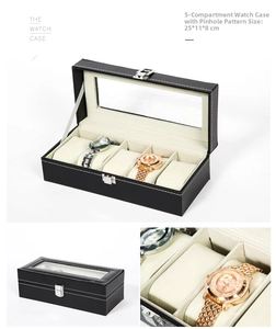 Detailed view of black 5-slot watch box with needle grain texture and clear window