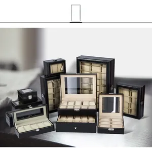 Detailed view of black PU leather watch boxes with white stitching and metal buckles