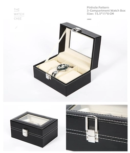 Three-slot black leather watch case with transparent lid and silver metal latch closure