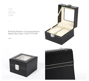 Detail of 2-slot black PU leather watch box with pinhole texture and white stitching