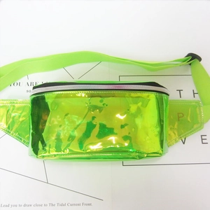 Detail of neon green holographic PVC waist bag with black zipper and adjustable strap