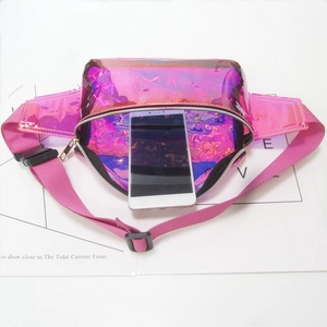 Internal view of pink holographic PVC waist bag showing capacity for a smartphone