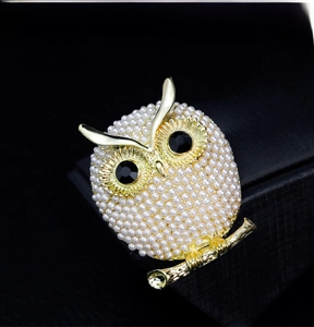 Detail of owl brooch with gold plating, faux pearls and black gem eyes on black box