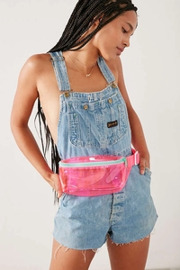 Detail of pink transparent PVC waist bag with green zipper trim and white buckle closure