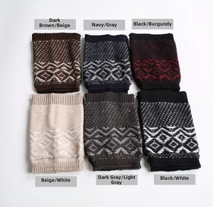 Detail of knitted leg warmers with bohemian geometric patterns in various color options