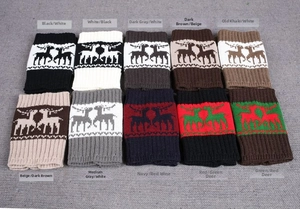 Flat lay of knit leg warmers with reindeer patterns in ten different color combinations