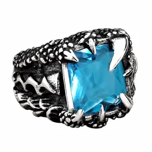 Men's gothic stainless steel dragon claw ring with a large blue rectangular zircon stone
