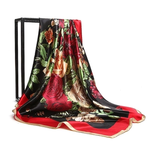 Silk-like satin square scarf with vintage floral patterns and bold red border highlights