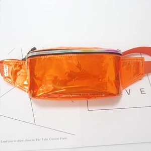 Close-up of glossy orange PVC fanny pack featuring a vibrant rainbow zipper detail